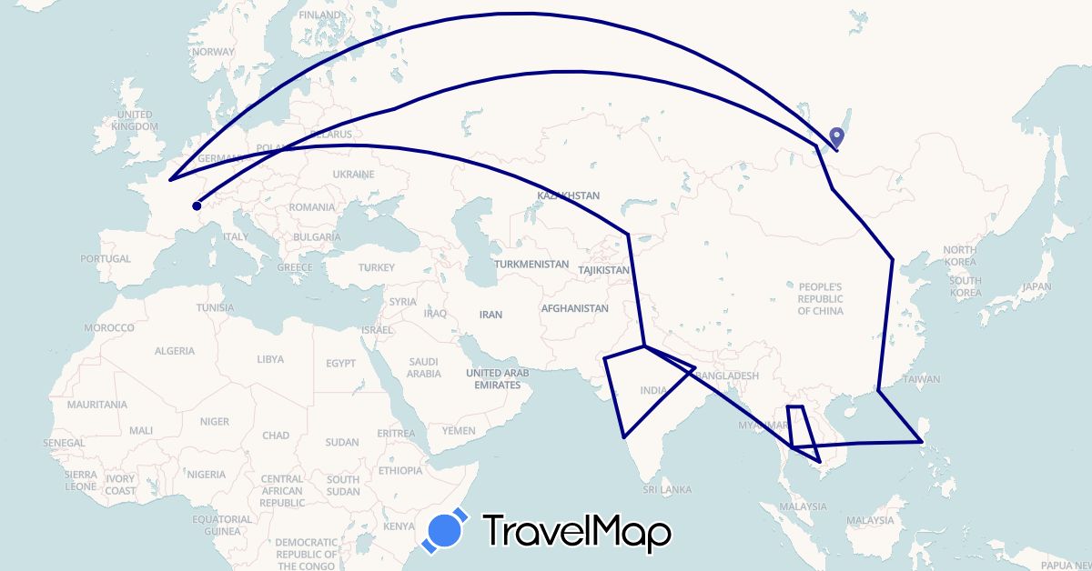 TravelMap itinerary: driving in Switzerland, China, France, Hong Kong, India, Cambodia, Laos, Mongolia, Philippines, Russia, Thailand (Asia, Europe)